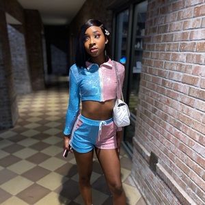 Sparkly Pink & Blue Two Piece Shorts Set